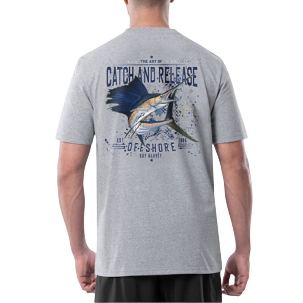 Guy Harvey Mens Threadcycled Catch And Release Offshore Logo T-Shirt‎ Grey Small